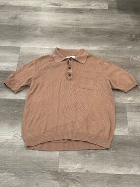 Corridor New York Chunky Knitted Polo Shirt Tan Pima Cotton Chest Pocket Mens L